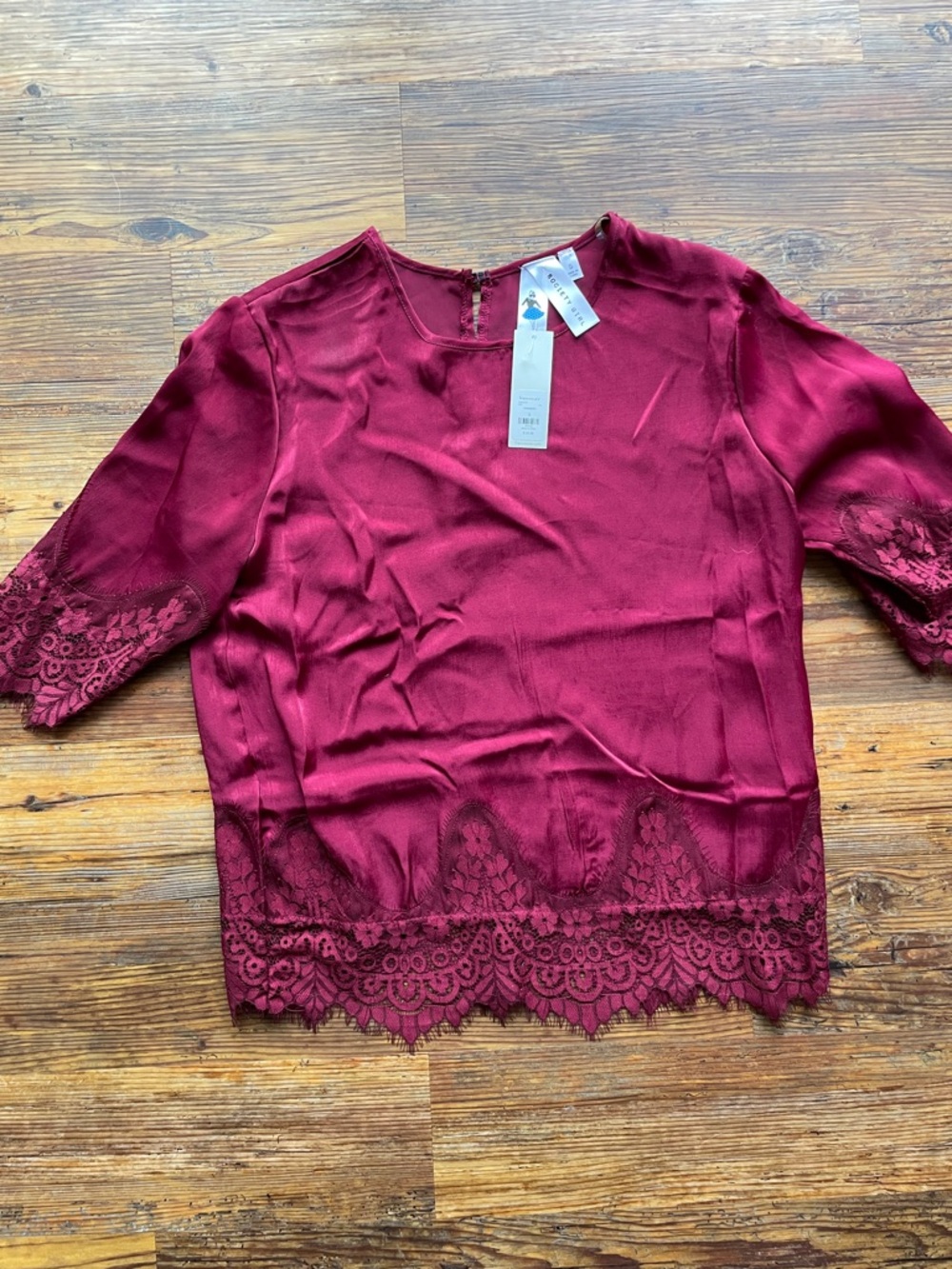 NWT Women's Lace-Hem Satin Blouse